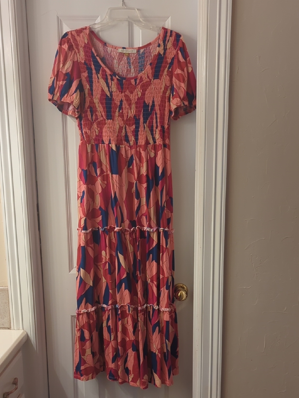 DownEast Coral, Blue and Pink Abstract Maxi Dress